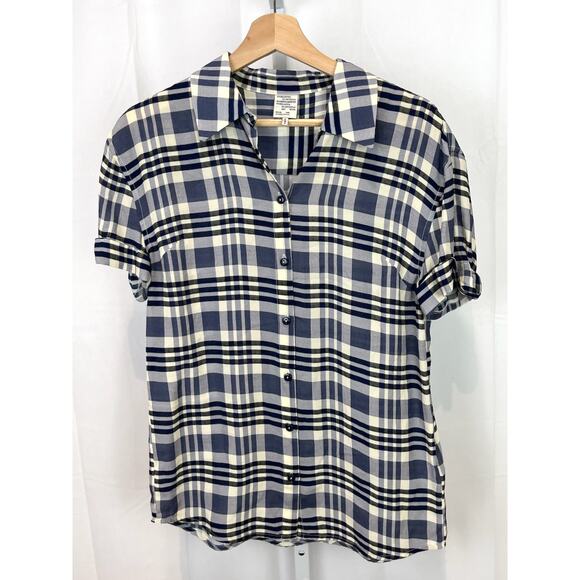 BAUM UND PFERDGARTEN 34 Plaid Moanna Button Shirt Short Sleeve Silk Viscose Blue - Picture 1 of 10